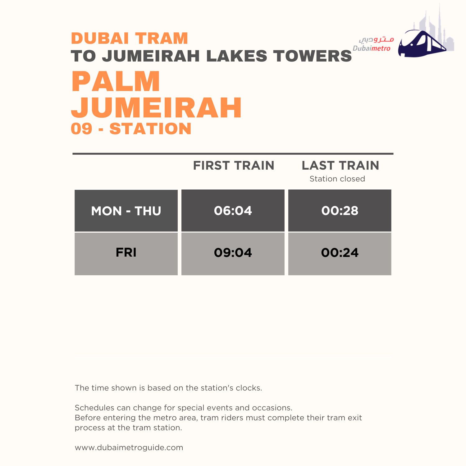 Palm Jumeirah Tram Station Timings to Jumeirah Lakes Towers – First Tram and Last Tram Timings