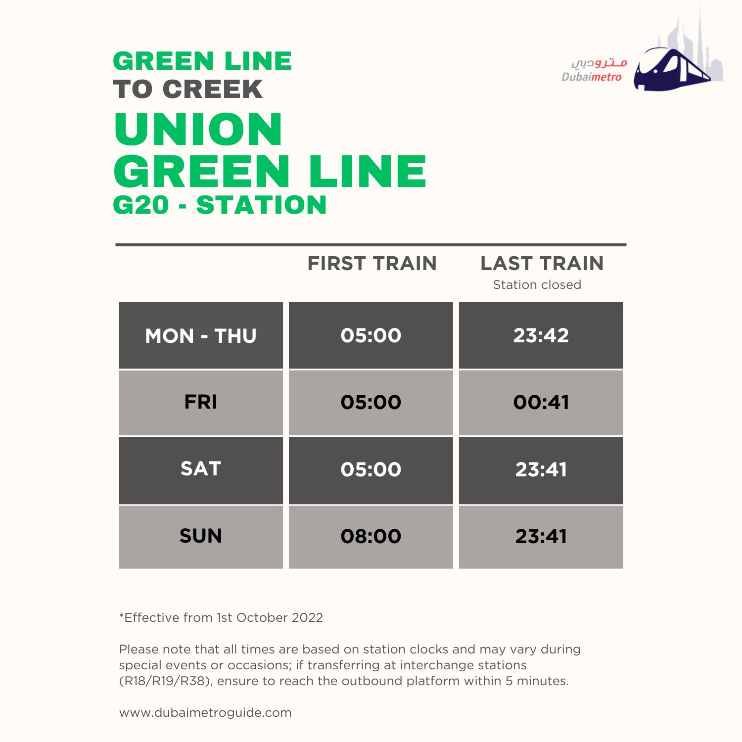 Union Metro Station Timings to Creek – First Train and Last Train Timings